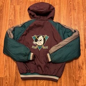 Vtg Mighty Ducks Puffer Jacket Kids XL 18-20 Hooded Purple Teal Grey Logo NHL